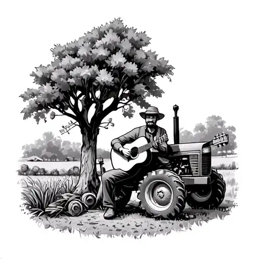 Agricultural Playing His Guitar At His Porch Near His Tractor With Avocado Tree In His Background