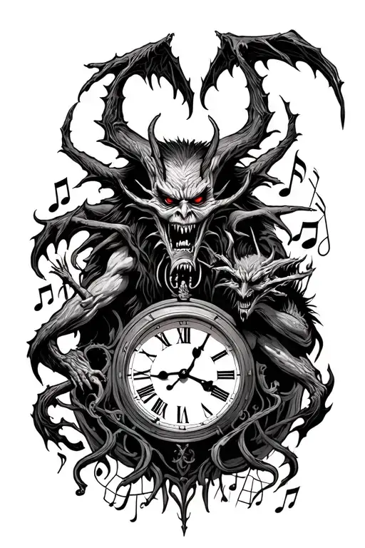 Evil Clock Surrounded Wicked Music Notes And Demons