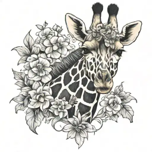 Giraffe Head Surrounded By Flowers And One Feather Intertwined