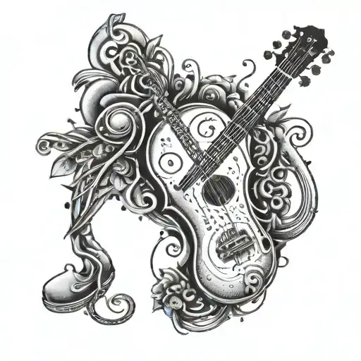A Dotwork Tattoo Of The Number 444 Surrounded By Music Notes And Instruments