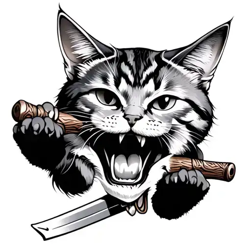 The Cat Holds A Katana In His Teeth