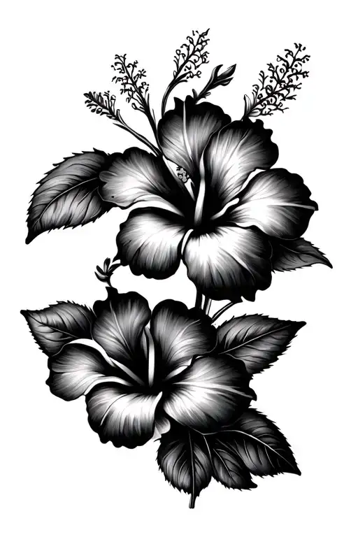 Two Hibiscus Flowers With Leaves Crossing Over Each Other In Fine Line Very Simple No Shading