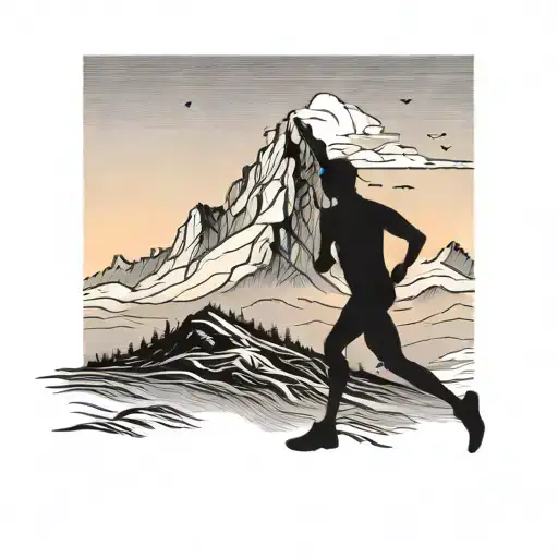A Silhouette Of A Person Running Towards A Mountain Landscape With A Sunset In The Background