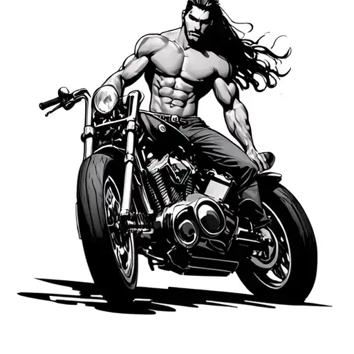 Muscular Topless Guy With Long Hair On Motorcycle