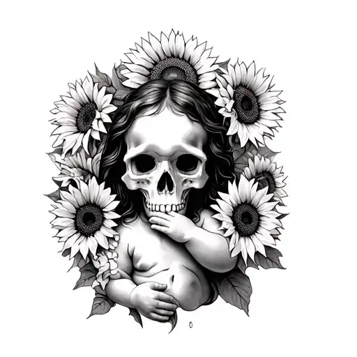 Baby With Animal Skull Surrounded By Sunflowers And Jesus