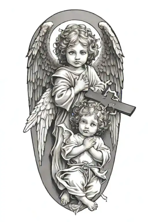 Two Little Angels With Cross In Between