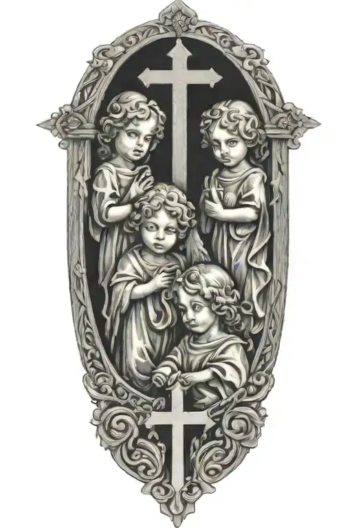 Two Little Angels With Cross In Between