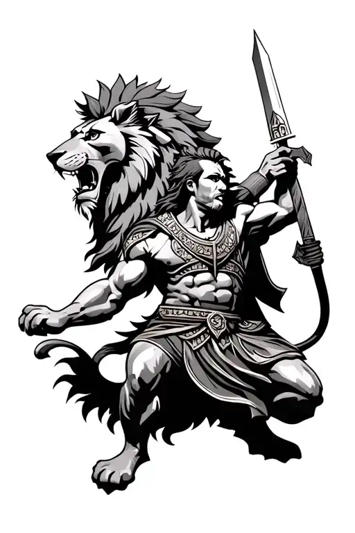 Lion And Spartan Warrior Wielding