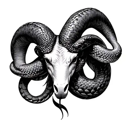 Aries In The Horns Of Which An Aggressive Snake Is Intertwined