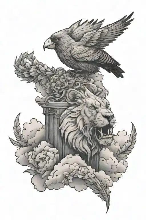 Cardinal Perched Atop A Lions With Clouds As Background