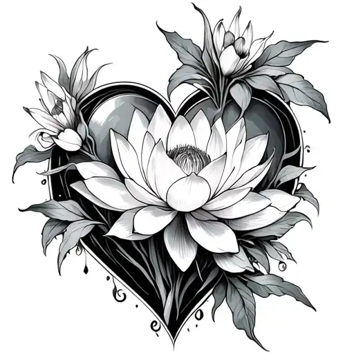 Iris Flowers And Lotus Flower Around Heart