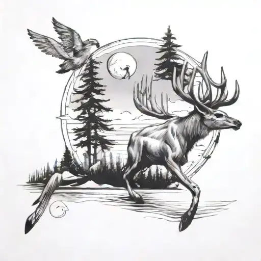 A Sketch Style Tattoo Of A Deer Gracefully Leaping Over A Paraglider Flying Over A Serene Lake