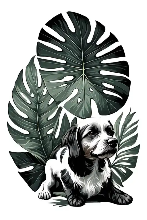 Monstera Leaf And Dog