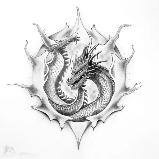 Dragon Breathing Fire In A Black-grey Mandala