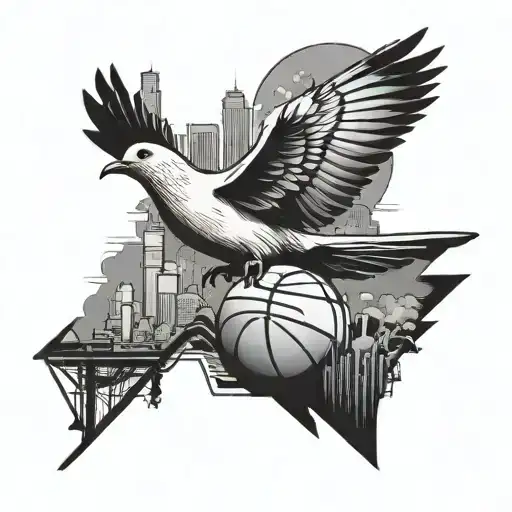 A Dove Flying Over A Basketball Court With The Atlanta Skyline In The Background