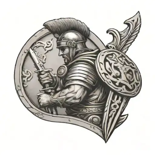 Roman Soldier Holding Sword And Shield While Looking Down