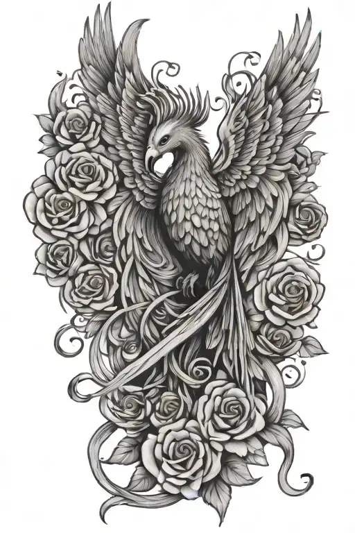 A Phoenix Rising From A Bed Of Roses Intertwined With Musical Notes