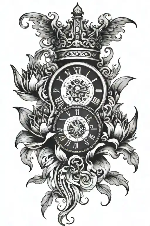 A Crown On Top Of A Clock In A Vertical Position With A Lotus Flower And A Phoenix Below Everything
