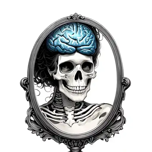 Skeleton Looking Into Mirror Seeing Reflection On Woman With Space Brain
