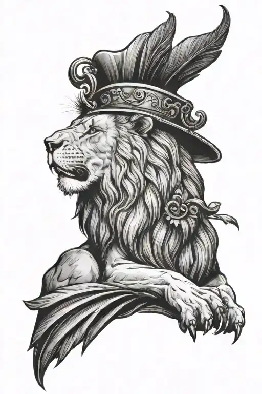 Lion With Cardinal Perched