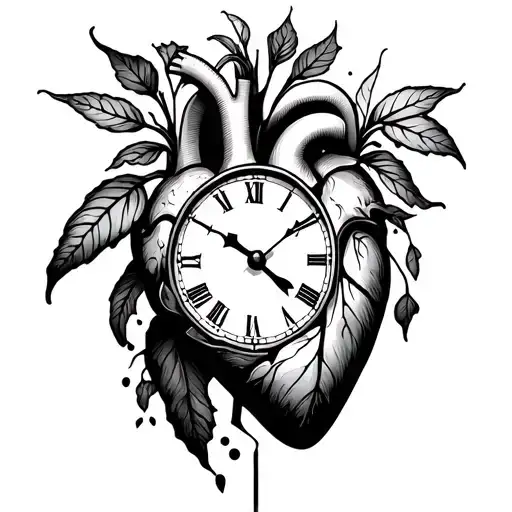 Plants Growing From A Broken Human Heart And Clock
