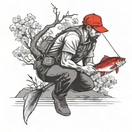 A Fisherman With A Red Cap And A Fishing Rod In His Hand Is Fishing Under A Cherry Tree