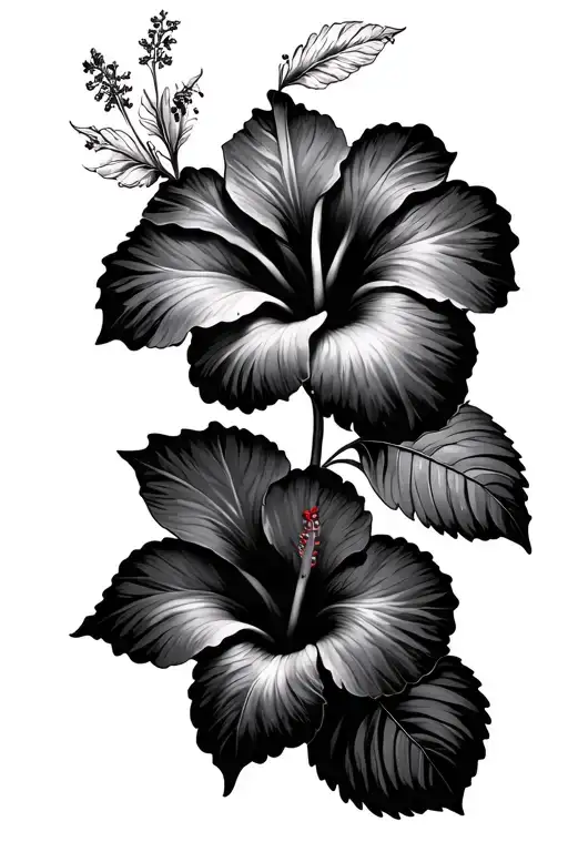 Two Hibiscus Flowers With Leaves Crossing Over Each Other In Fine Line