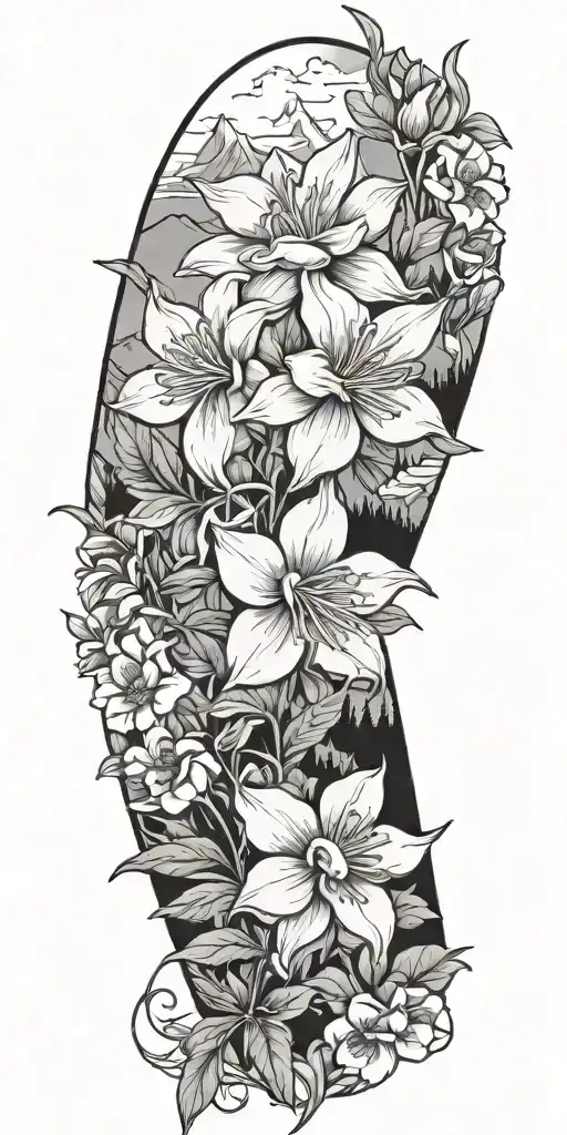 Rocky Mountain Backdrop With Columbine And Gardenia Flowers