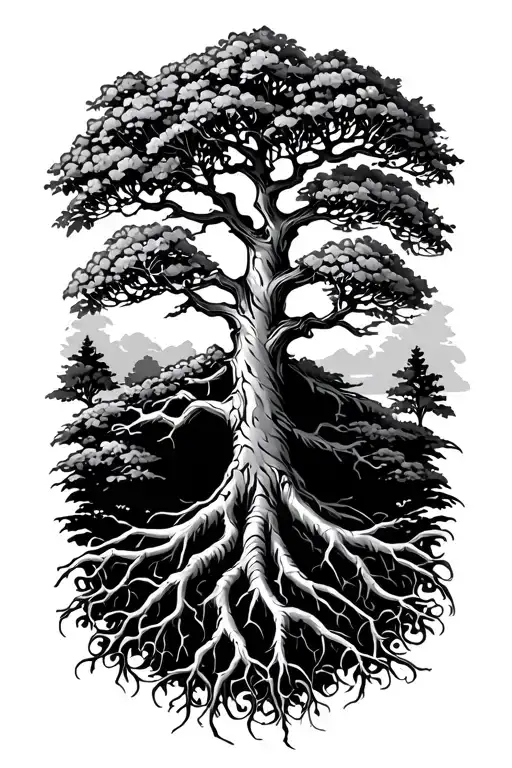 Black And White Gaelic Rowan Tree With Roots Reaching Deep