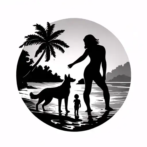 Palms And Beach With A Woman A Man A Kid And A Husky Silhouette