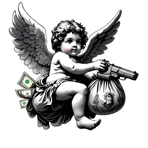 Black Cherub Flying In The Air With A Bag Of Money And A Pistol