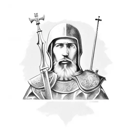 A Black And Grey Portrait Of Saint George Holding A Camera