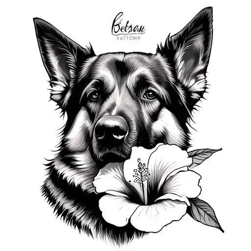 A German Shepherd Dog With Floppy Ears And He's Sniffing A Hibiscus Flower