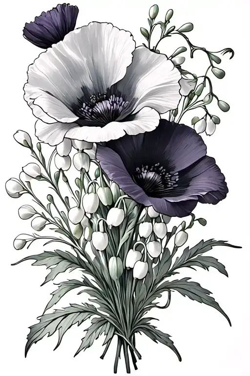 2 Poppies 1 Violet 1 Lily Of The Valley And 2 Forget Me Nots Bouquet