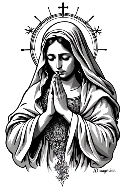 Religious Woman Praying Hands Surrounded