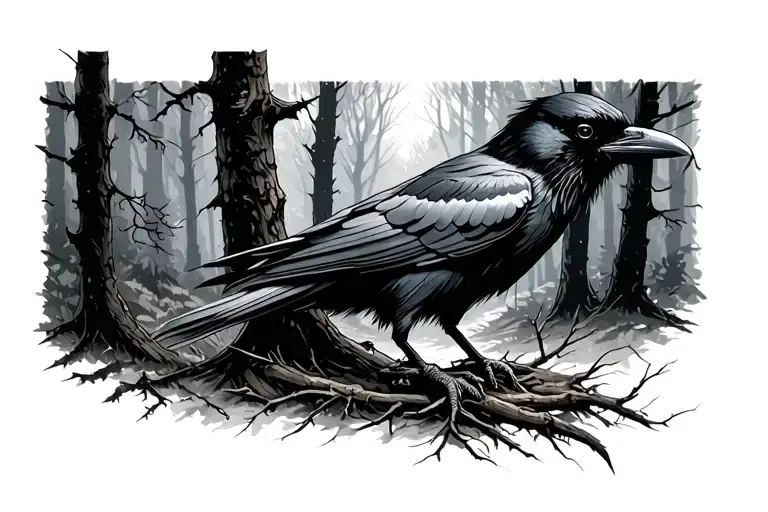 Lonely Raven In A Dark Forest Scene