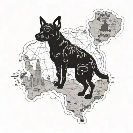 A Tattoo Design Combining A Dog Silhouette With A Map Of Italy And The Uk As A Background