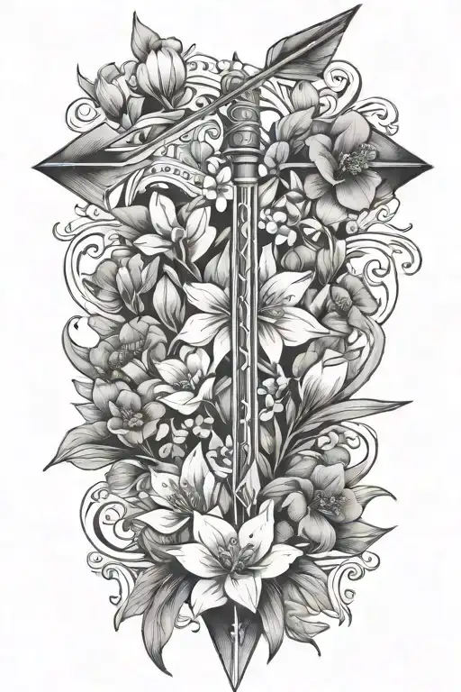 An Arrow Surrounded By Violets And Daffodils