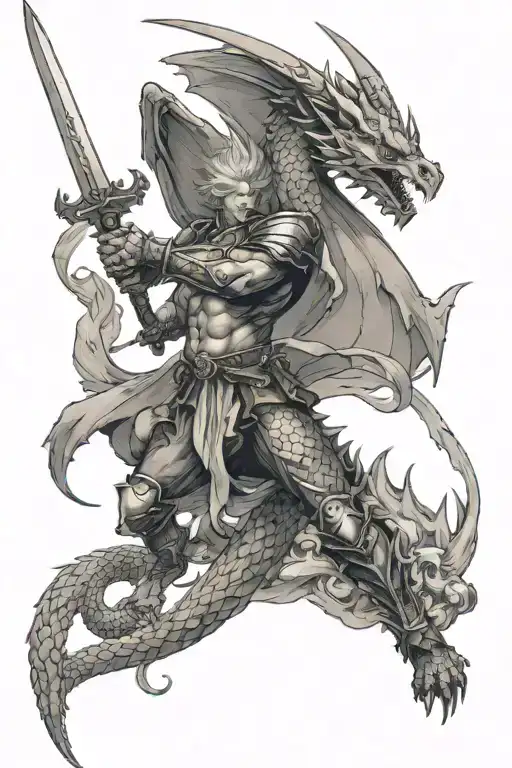 A Dragon Flying Around An Angel With Sword