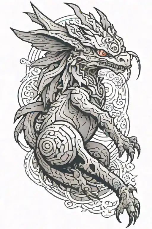 A Black-grey Tattoo Of A Mythical Creature Inspired By Pokemon And Digimon