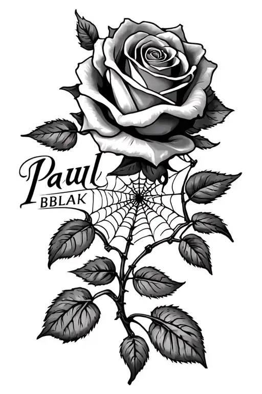 Rose Tattoo With Spider Webs And The Name Paul