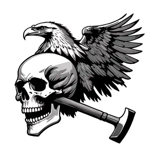 Skull With Hammer In Mouth And Eagle Resting On Top
