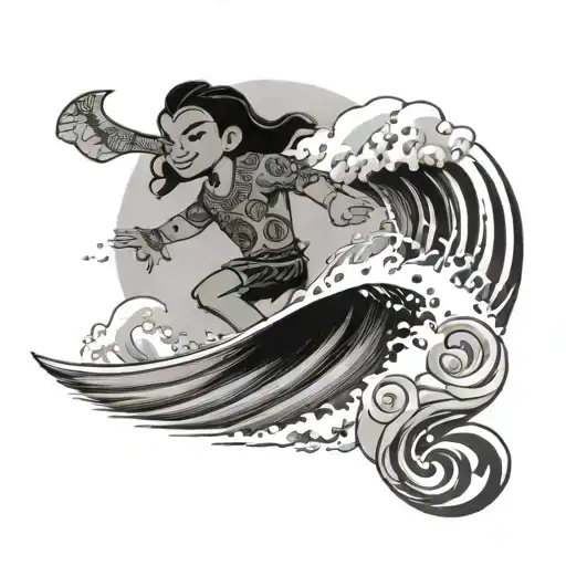 A Moana-inspired Tattoo With Lilo And Stitch Surfing On Waves In Hawaii