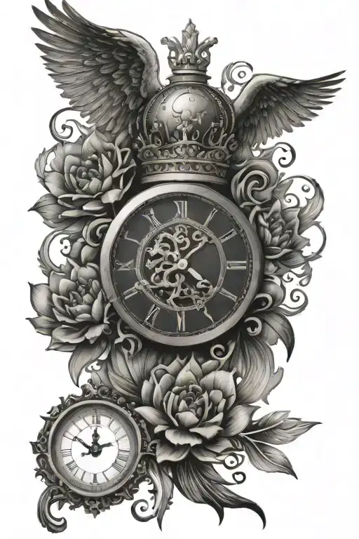 A Crown On Top Of A Clock In A Vertical Position With A Lotus Flower And A Phoenix Below Everything