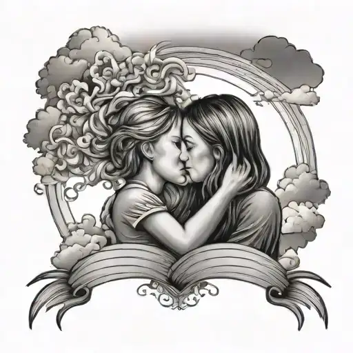 A Majestic Sky Scene With A Mother And Daughter Holding Hands Under A Rainbow Of Colors