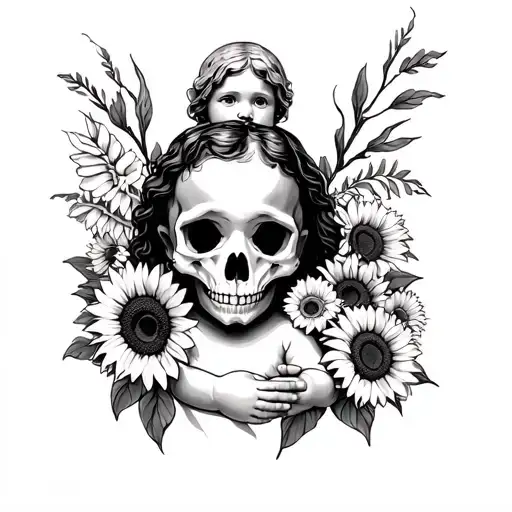Baby With Animal Skull Surrounded By Sunflowers And Jesus