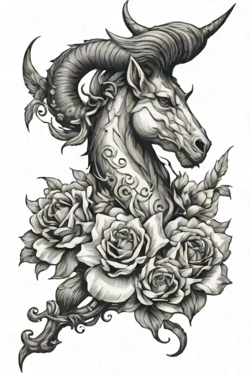 Shoulder Tattoo Featuring Capricorn And Flowers Growing