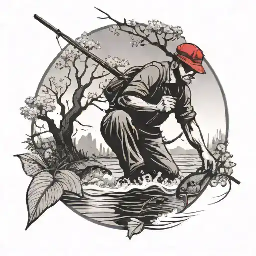 A Fisherman With A Red Cap And A Fishing Rod In His Hand Is Fishing Under A Cherry Tree