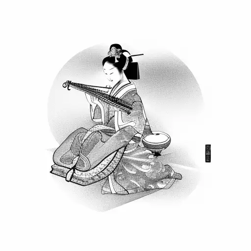 A Traditional Japanese Geisha Playing A Musical Instrument On A Data-infused Background
