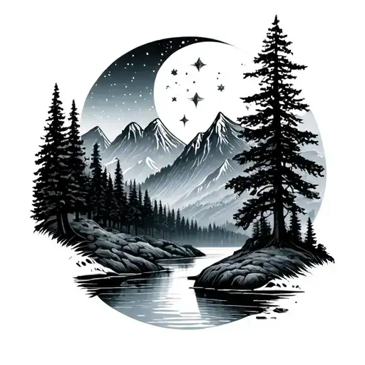 Forest Landscape Long Trees Mountains Starsigns Moon River